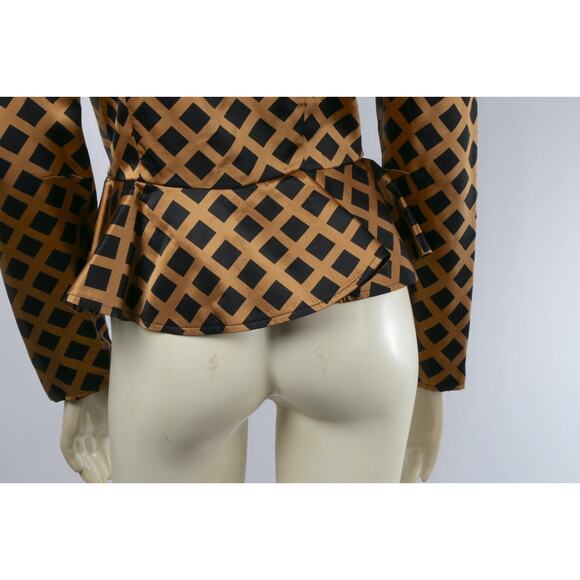 Richard Warren Pure Silk Vintage Peplum Blazer Beige Black Diamond Grid Size 4 - Picture 10 of 15